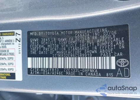 2006 Toyota Matrix Xr from USA, damaged, VIN 2T1KR32E86C589919